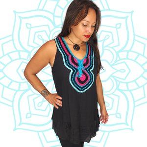 Black Pink Turquoise Boho Crochet Sleeveless Top with Ruffle Bottom Accent